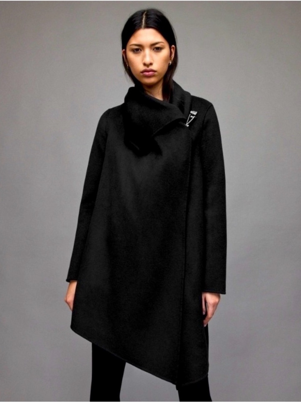 AllSaints Monument Black Asymmetrical Funnel-Neck Pea Coat